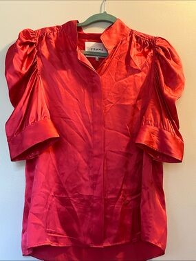 Frame Denim Red Puff-Sleeve Satin Blouse